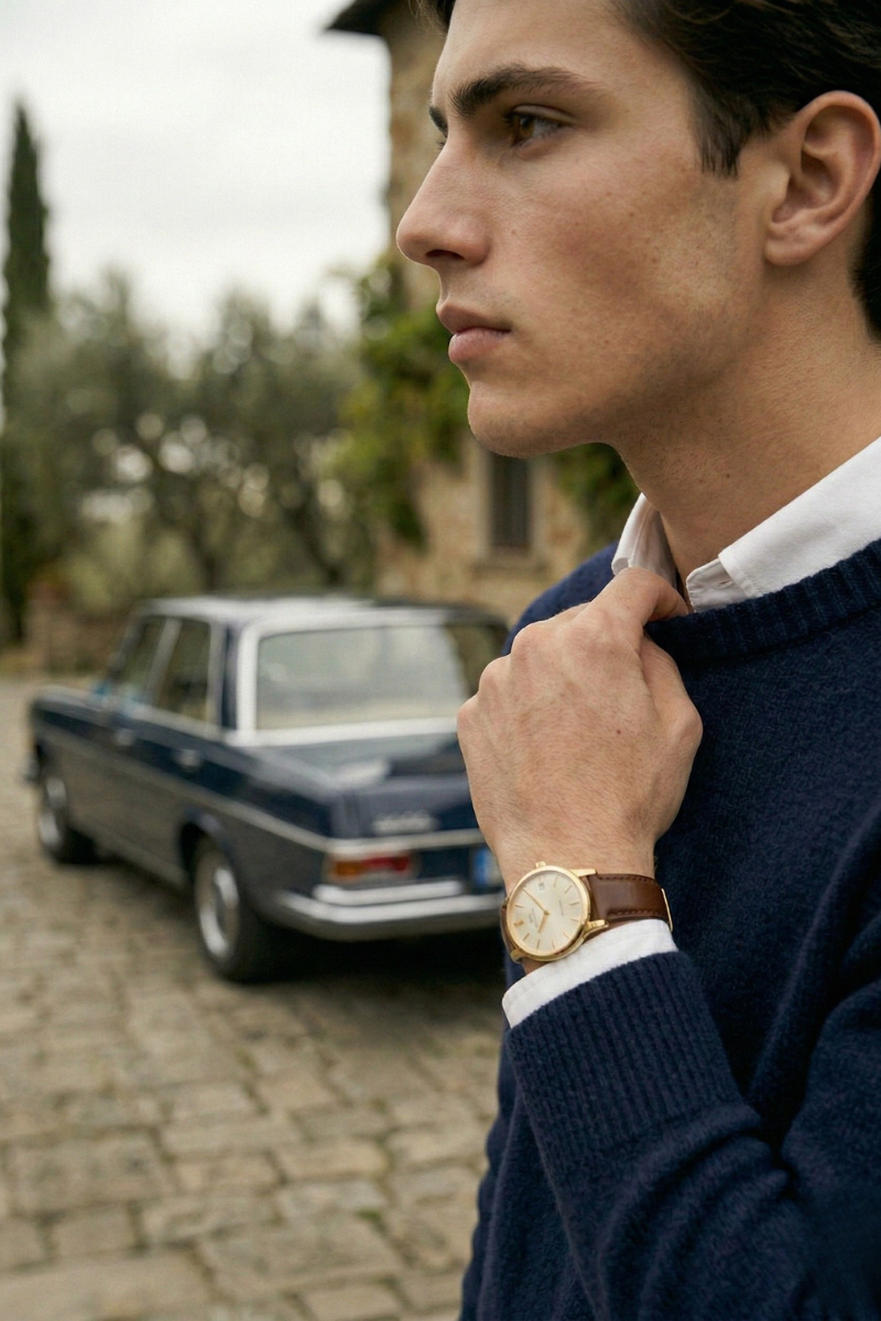 Man wearing a navy 100% cashmere crew neck jumper over a white shirt.
