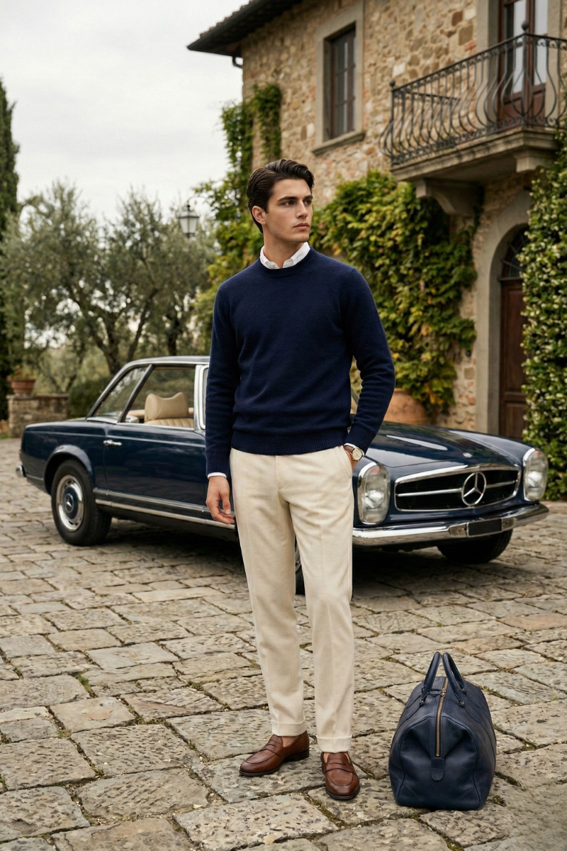 Full outfit with navy 100% cashmere crew neck jumper, cream trousers and brown loafers.