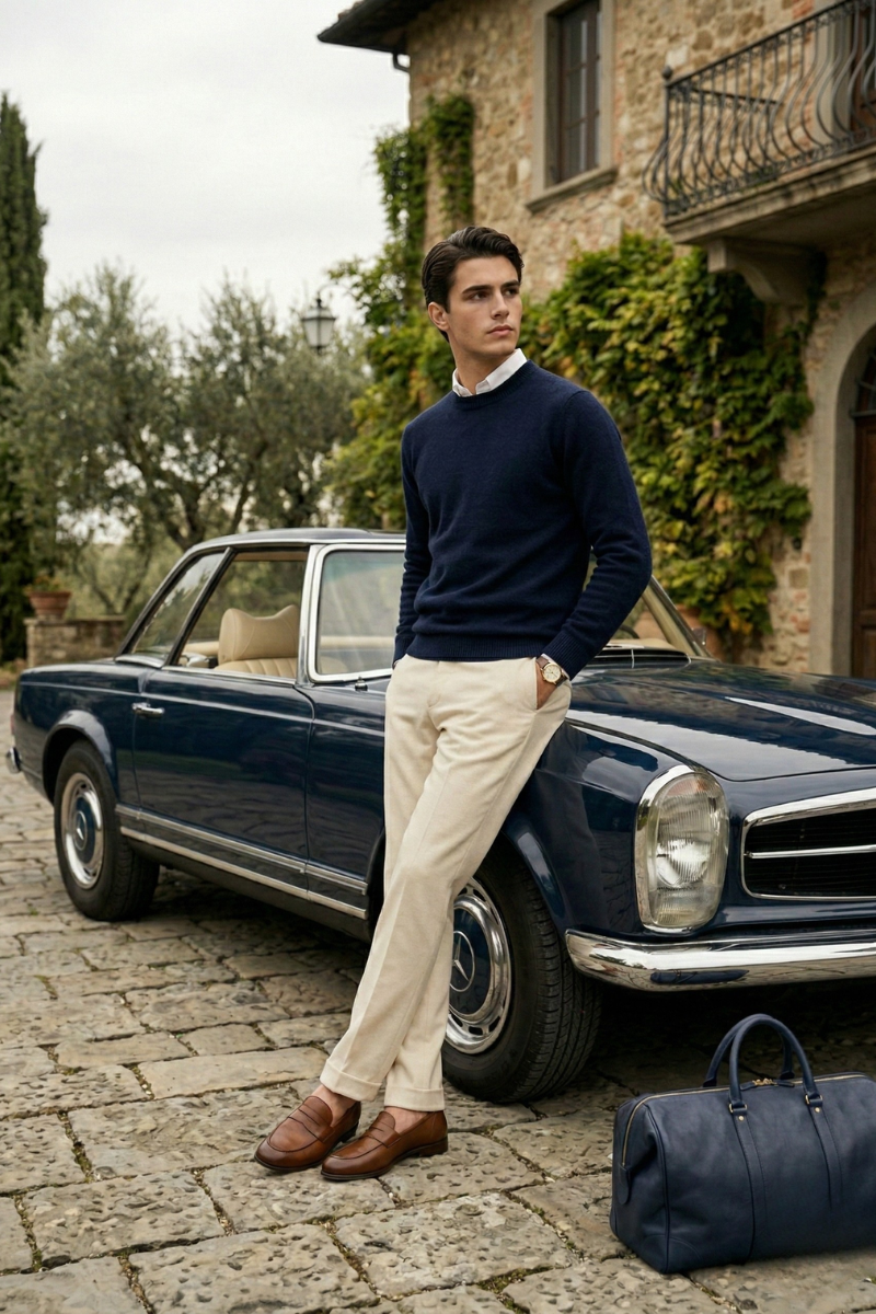 Man styled in a navy cashmere crew neck jumper with cream trousers and brown loafers.